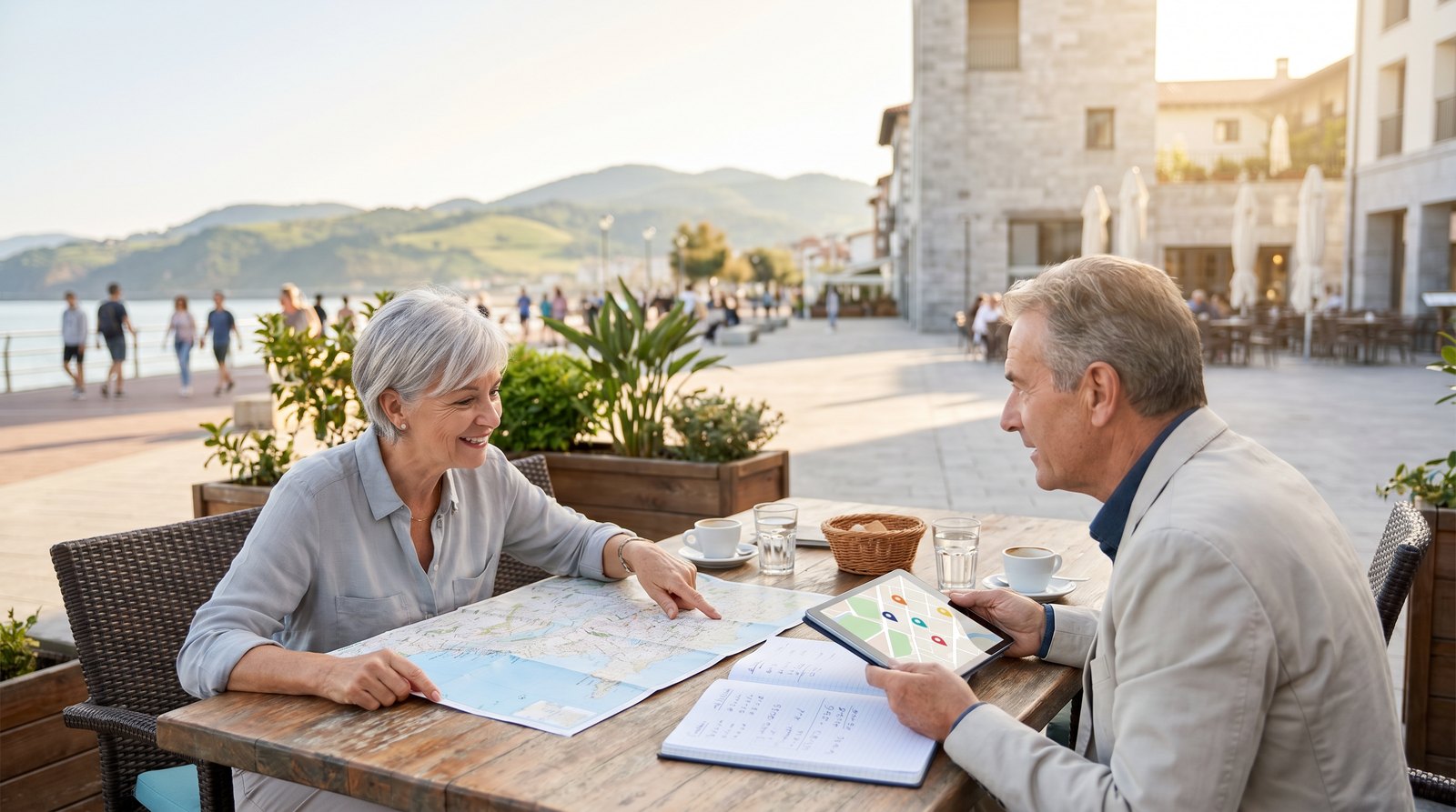 Active retired couple reviewing a map and tablet while comparing the best places to retire in 2026.