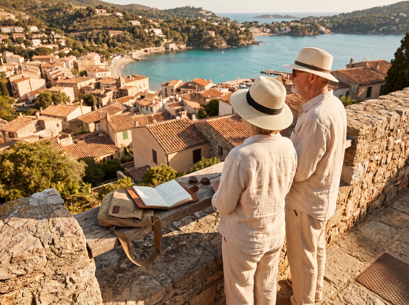 Retired couple overlooking a coastal town while considering overseas retirement options.