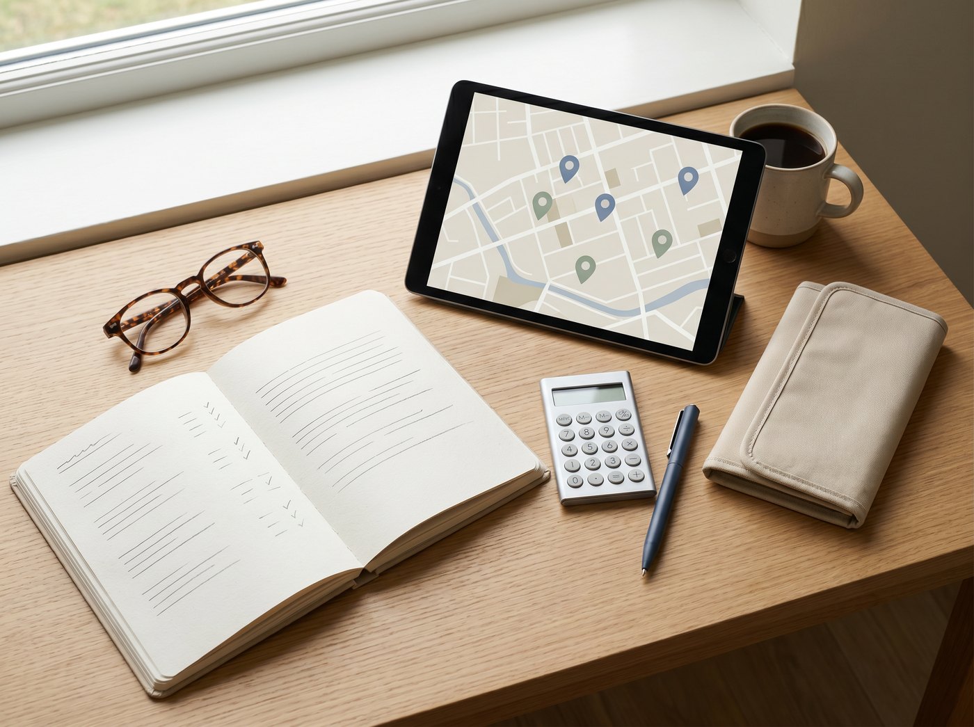 Retirement relocation checklist with tablet map, calculator, notebook, reading glasses, and coffee.