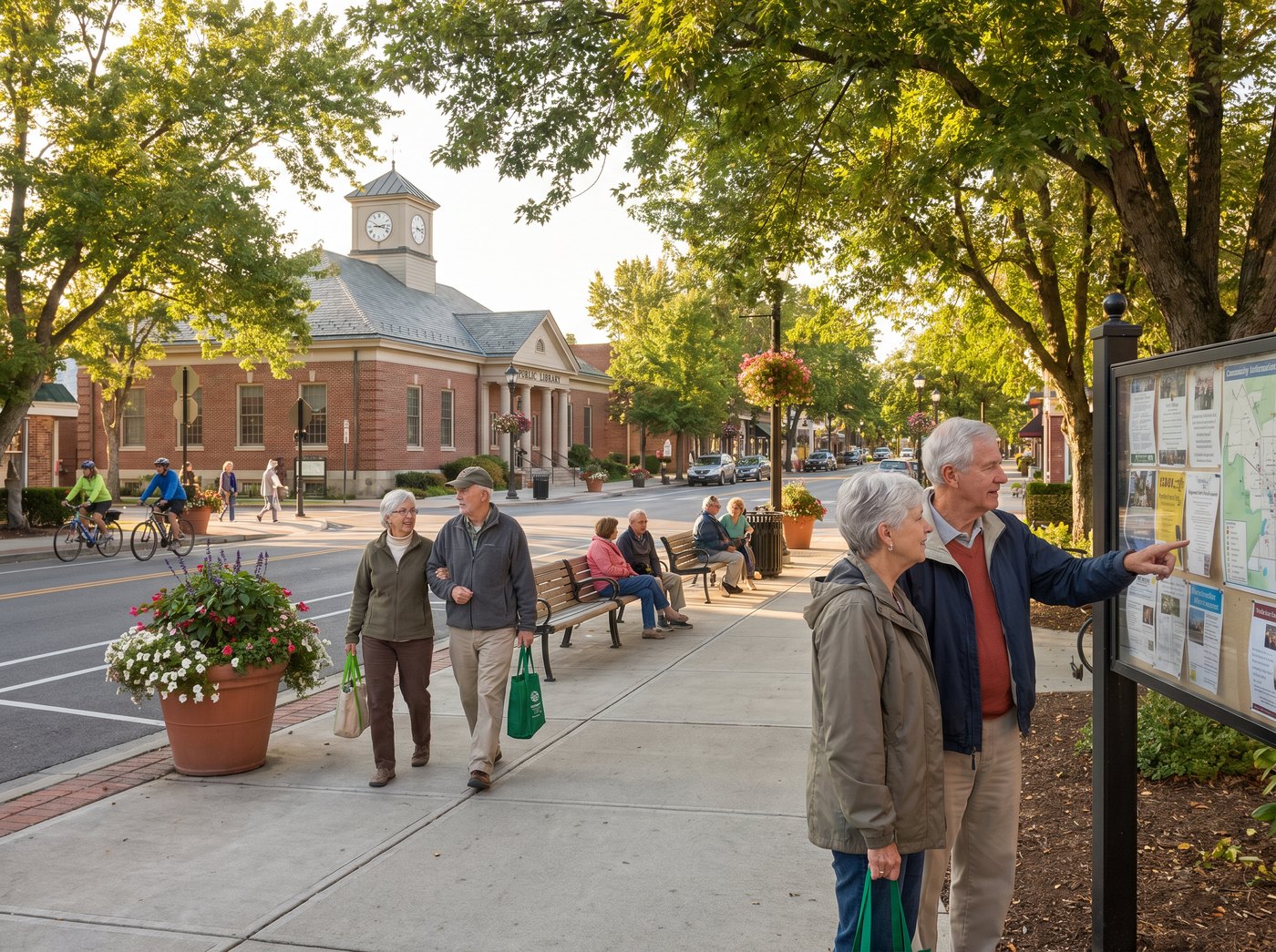 Older adults walking through a pleasant American town center while researching retirement communities.