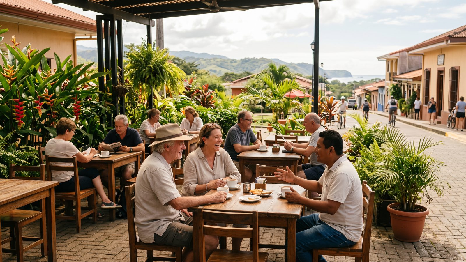 Tropical town cafe scene representing the best places to retire in Costa Rica