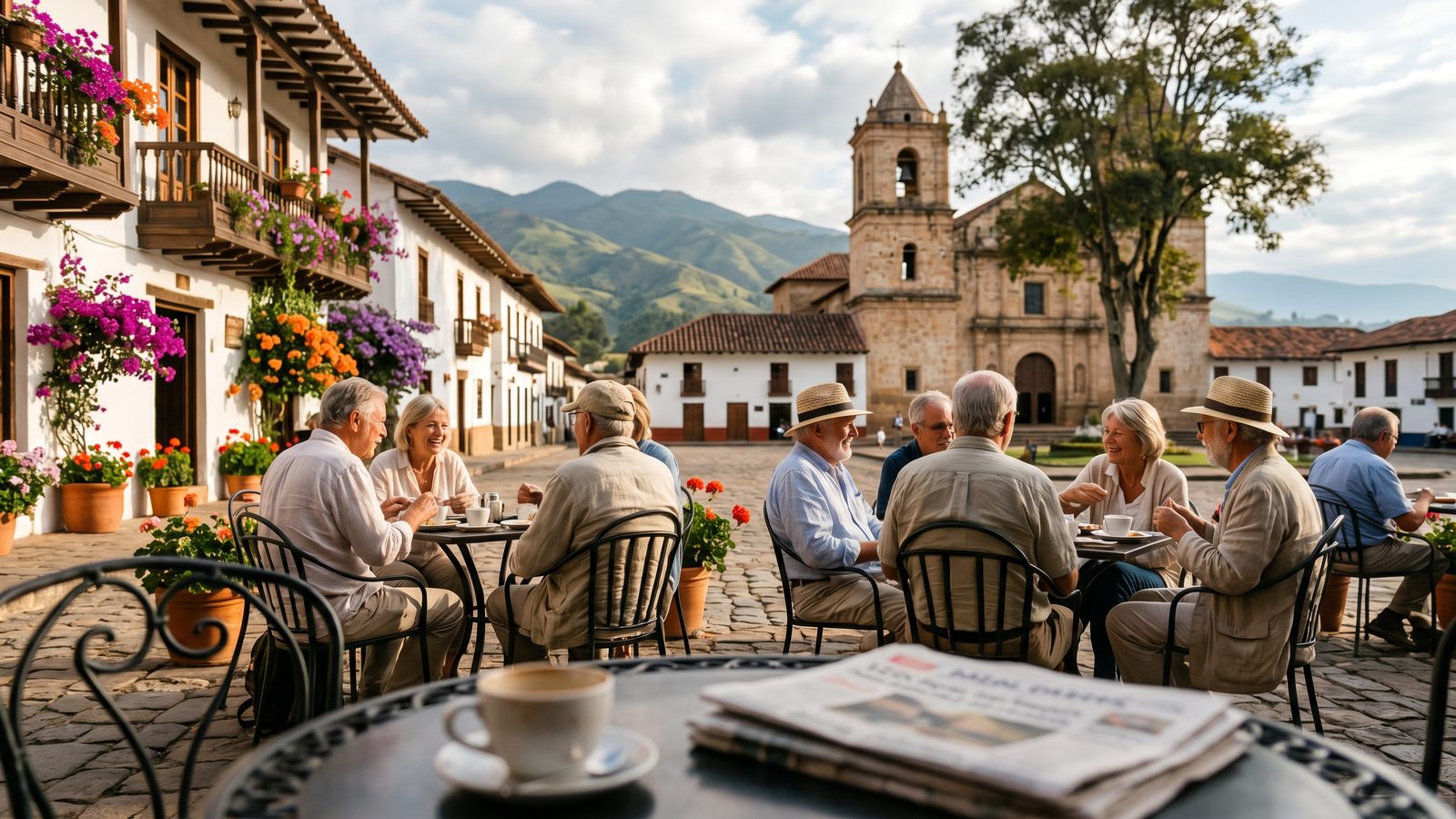 Colonial plaza and cafe scene representing the best places to retire in Ecuador