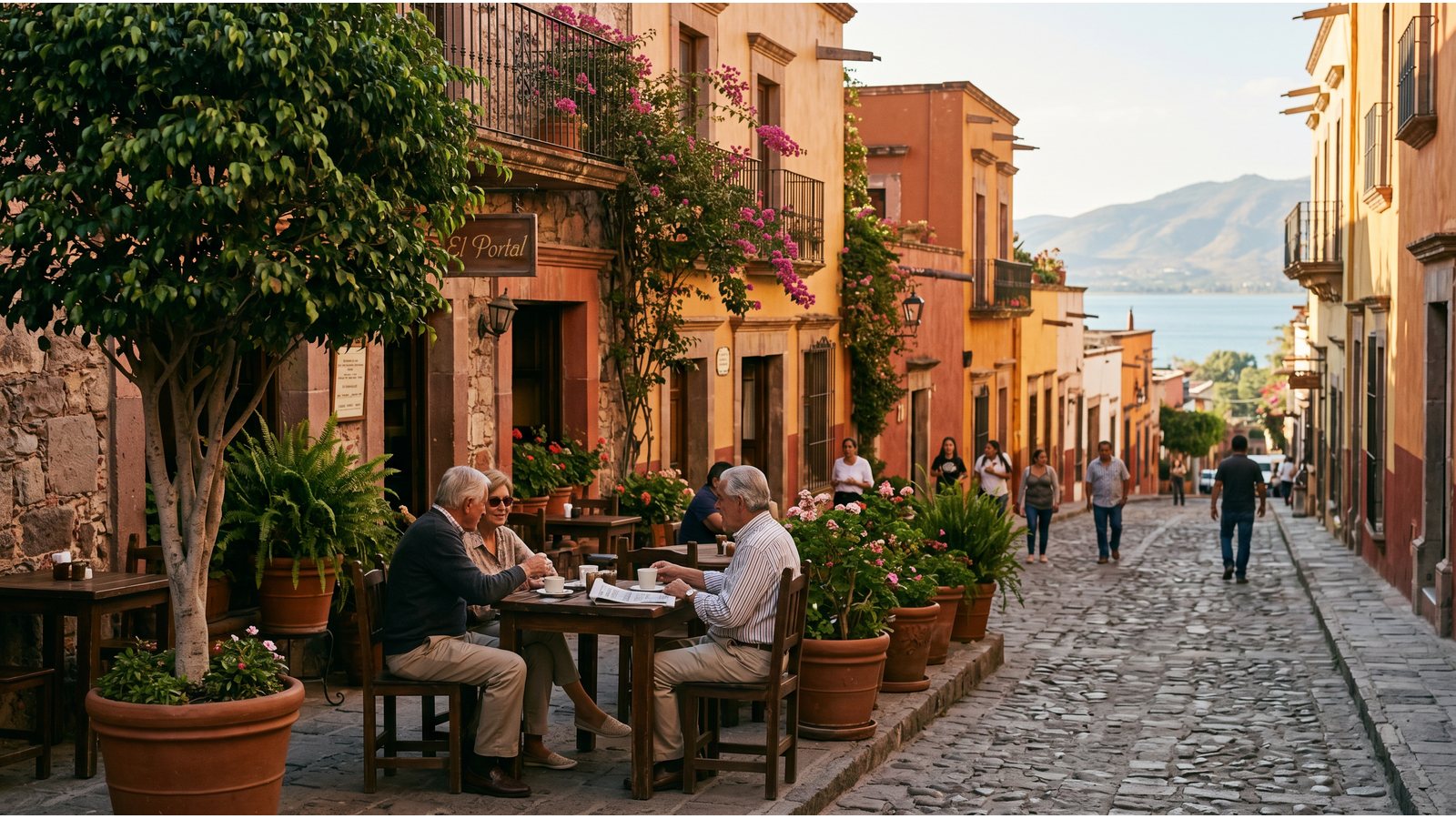 Retirees enjoying an outdoor cafe in one of the best places to retire in Mexico.