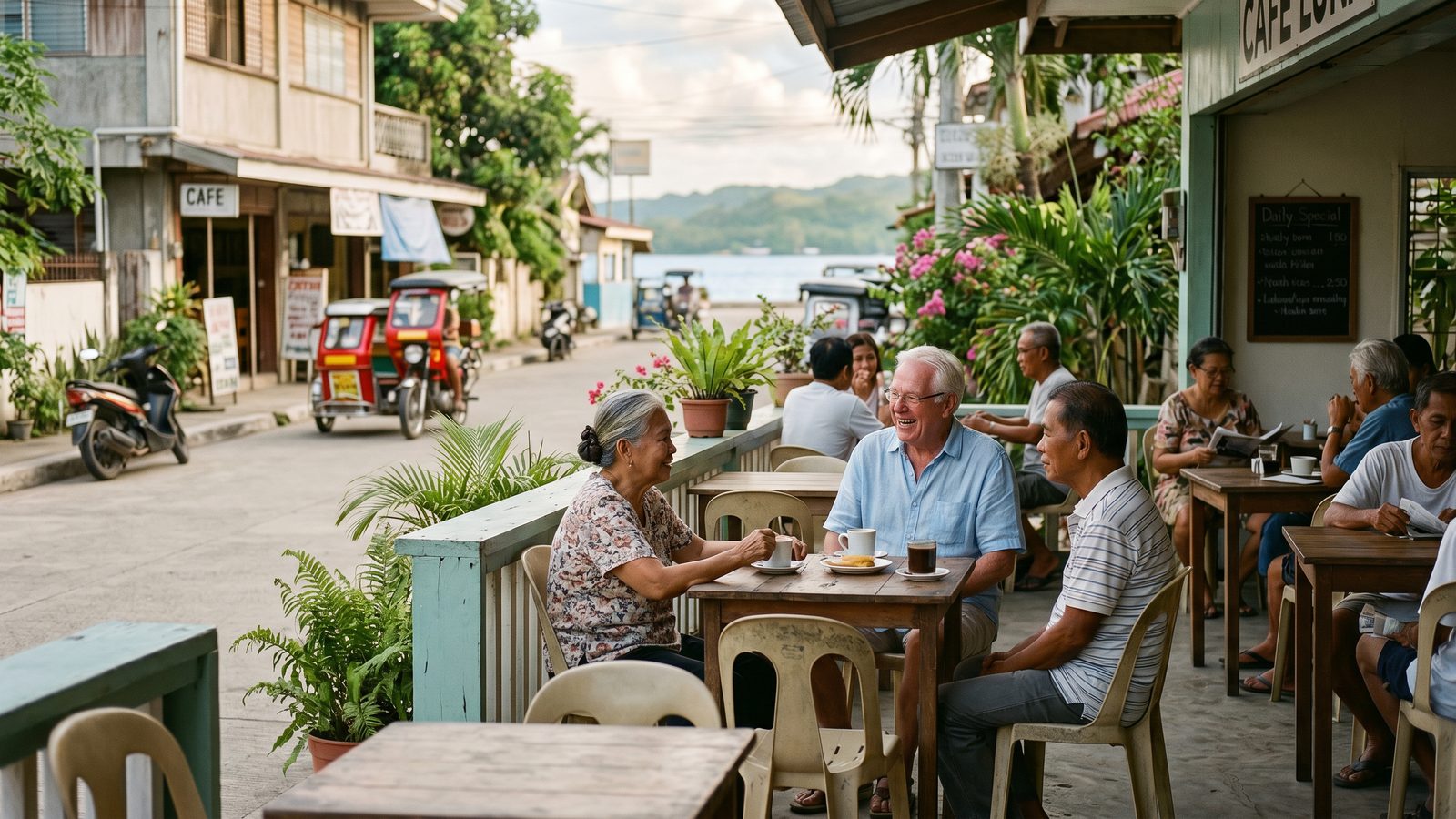 Small city cafe and seaside scene representing the best places to retire in the Philippines