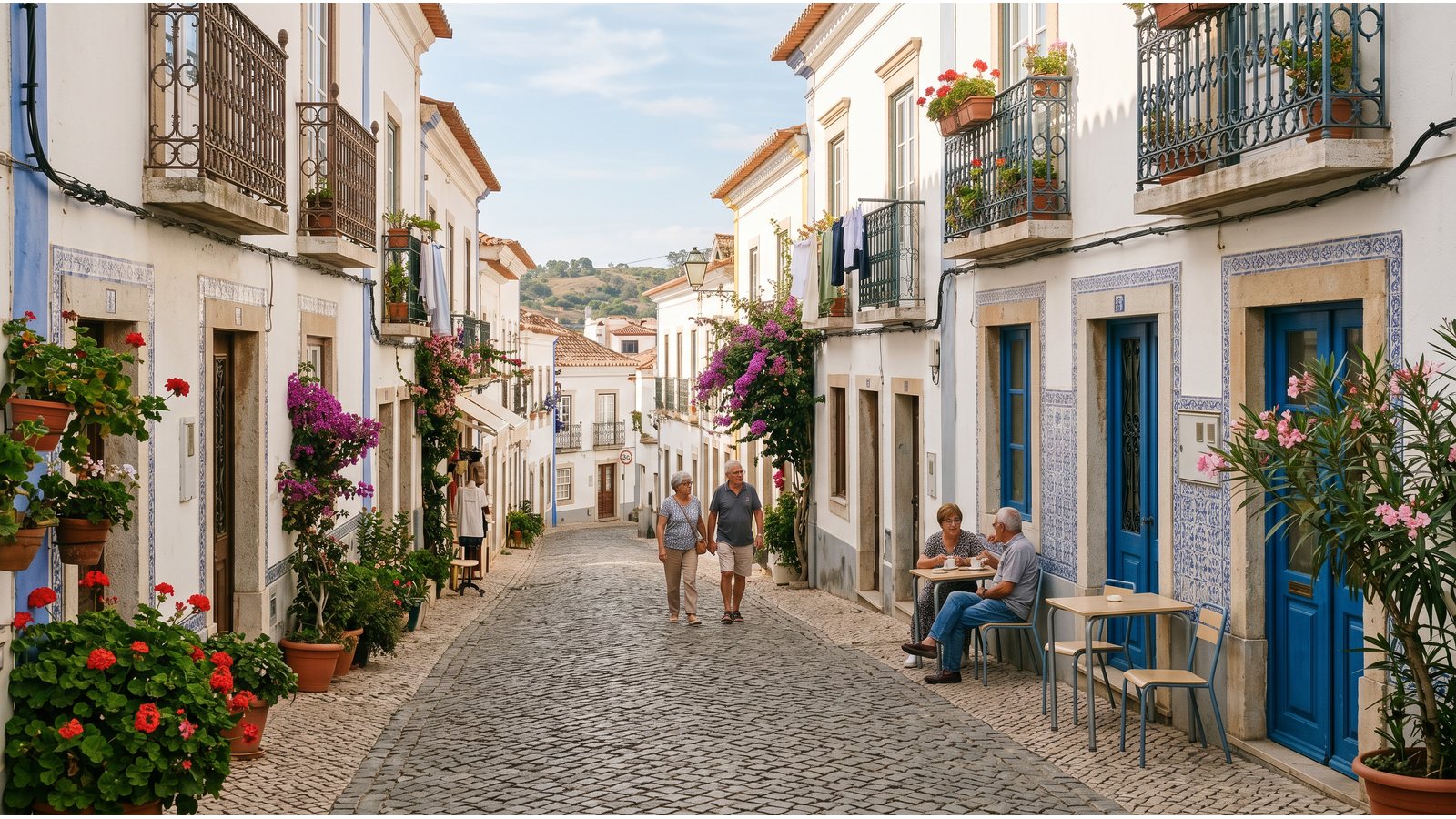 Retirees enjoying a walkable town and cafe lifestyle in Portugal.