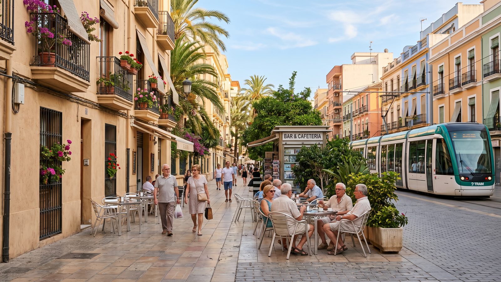 Mediterranean street cafe scene representing the best places to retire in Spain