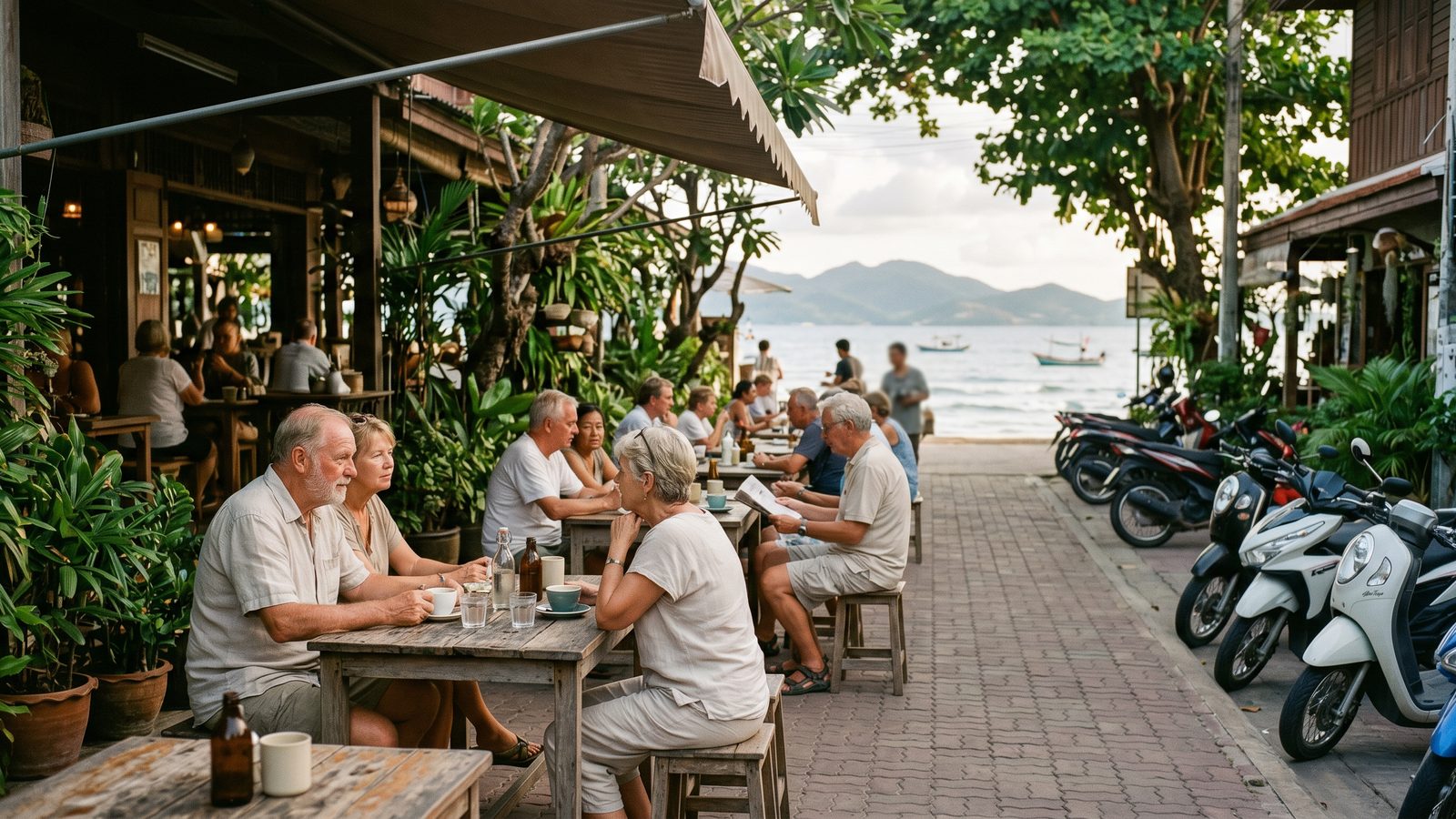 Cafe and coastal town scene representing the best places to retire in Thailand