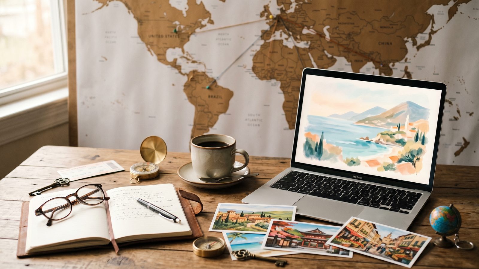 Global retirement planning table with destination photos for 2026