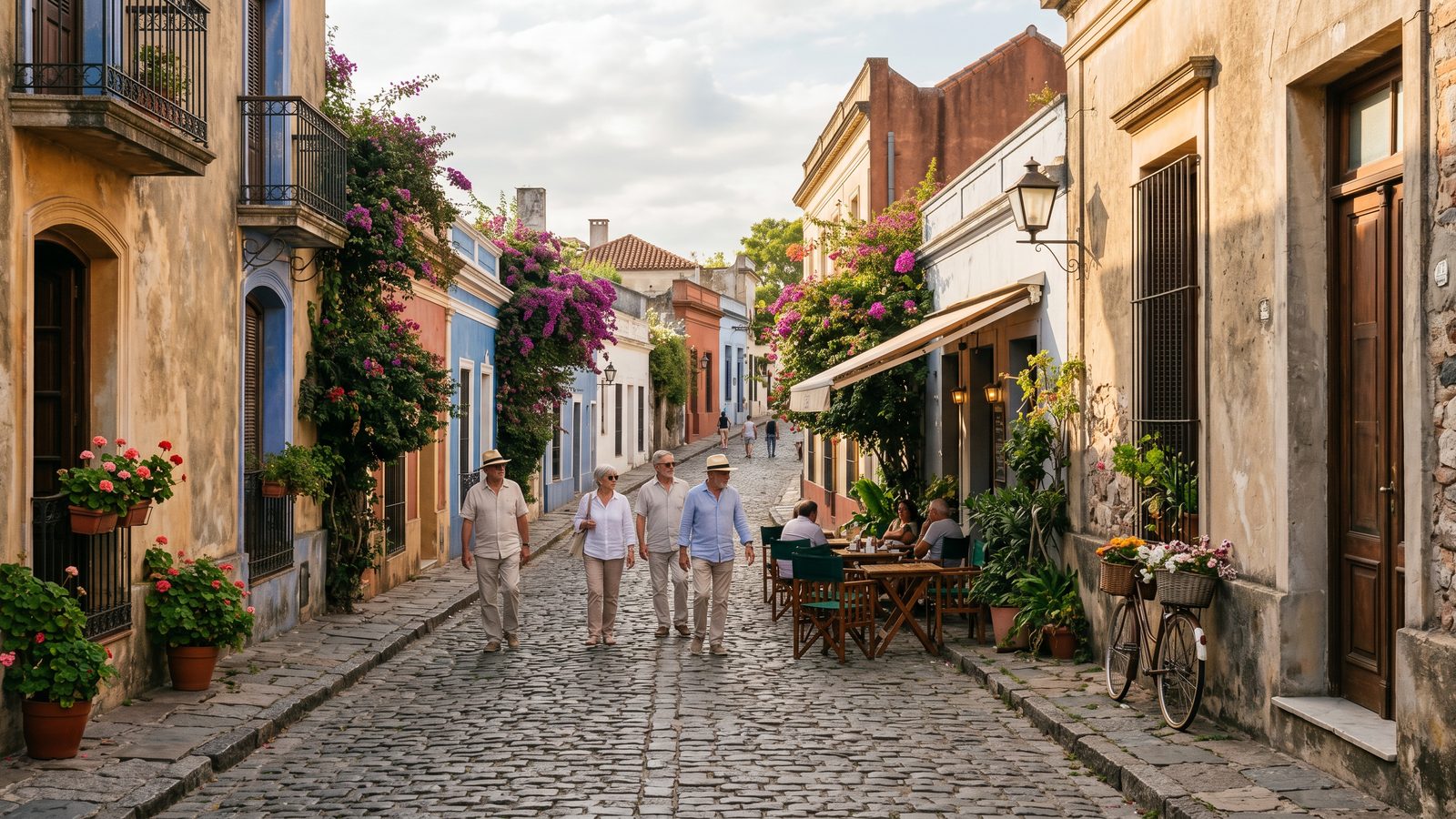 Colonial street and cafe scene representing the best places to retire in Uruguay