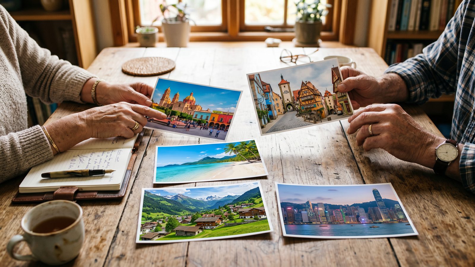 Printed travel photos representing global retirement destinations