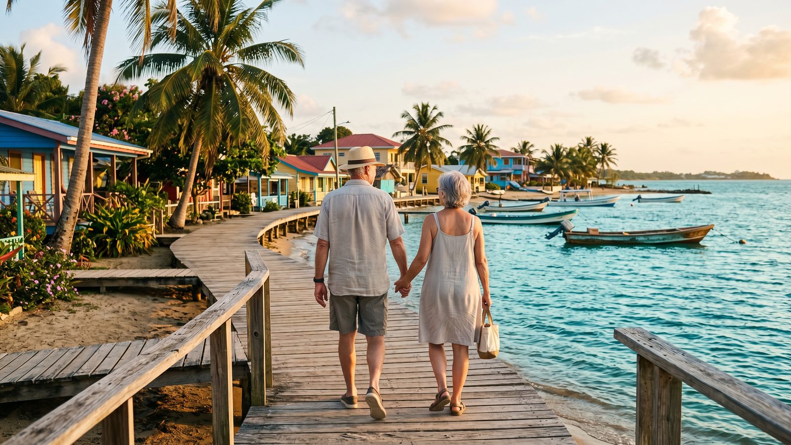 Retired couple walking along a Caribbean waterfront in Belize
