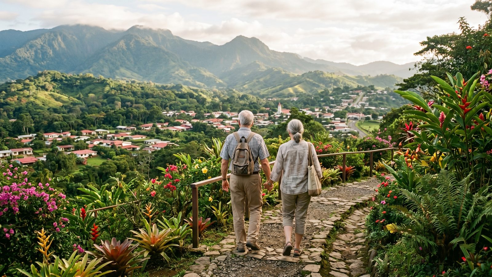 Retired couple walking through a lush Central Valley town in Costa Rica