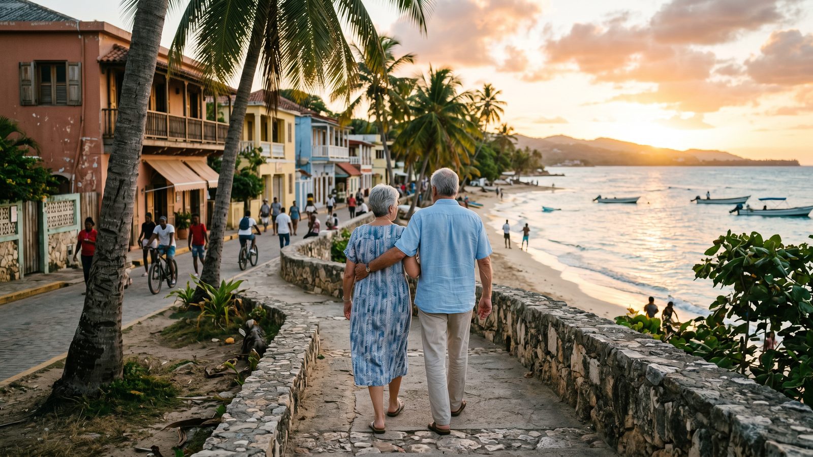 Retired couple walking along a Caribbean promenade in the Dominican Republic