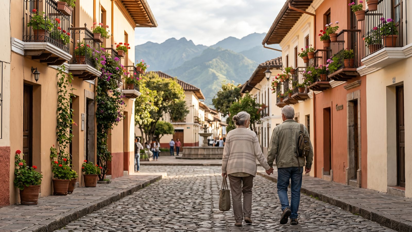 Retired couple walking through an Andean colonial city in Ecuador