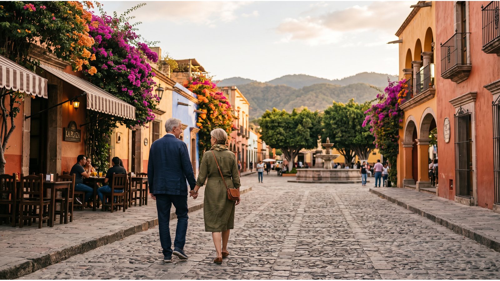 Retired couple walking through a colorful colonial town in Mexico for a 2026 retirement guide.