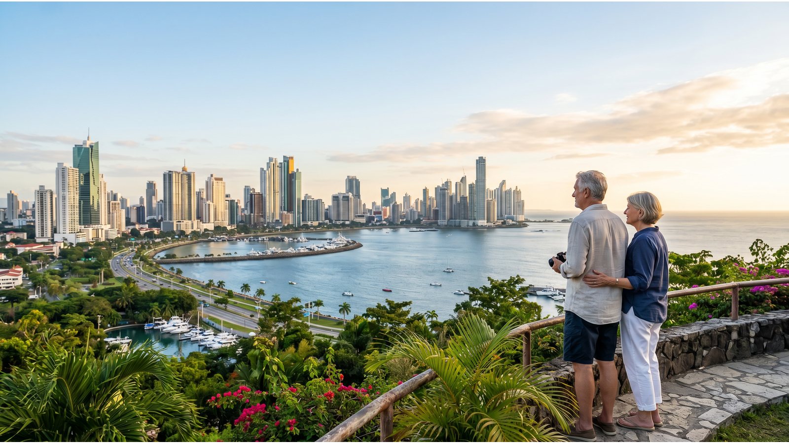 Retired couple looking over Panama City and the waterfront for a 2026 retirement guide.