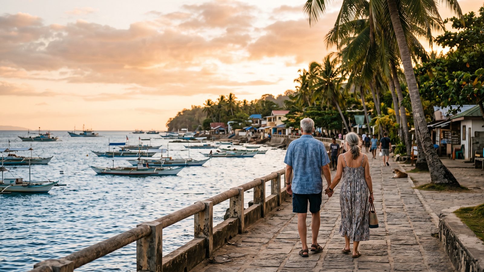 Retired couple walking along a tropical waterfront in the Philippines