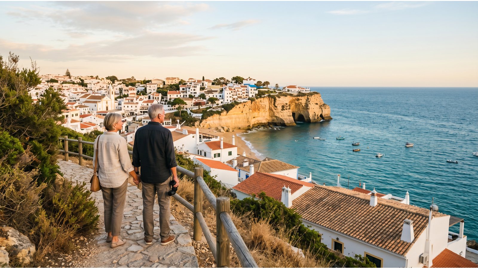 Retired couple overlooking a coastal town in Portugal for a 2026 retirement guide.