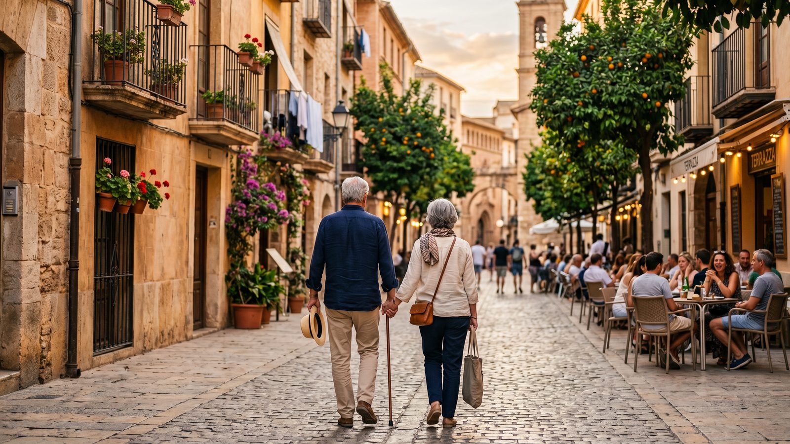 Retired couple walking through a sunny Spanish plaza