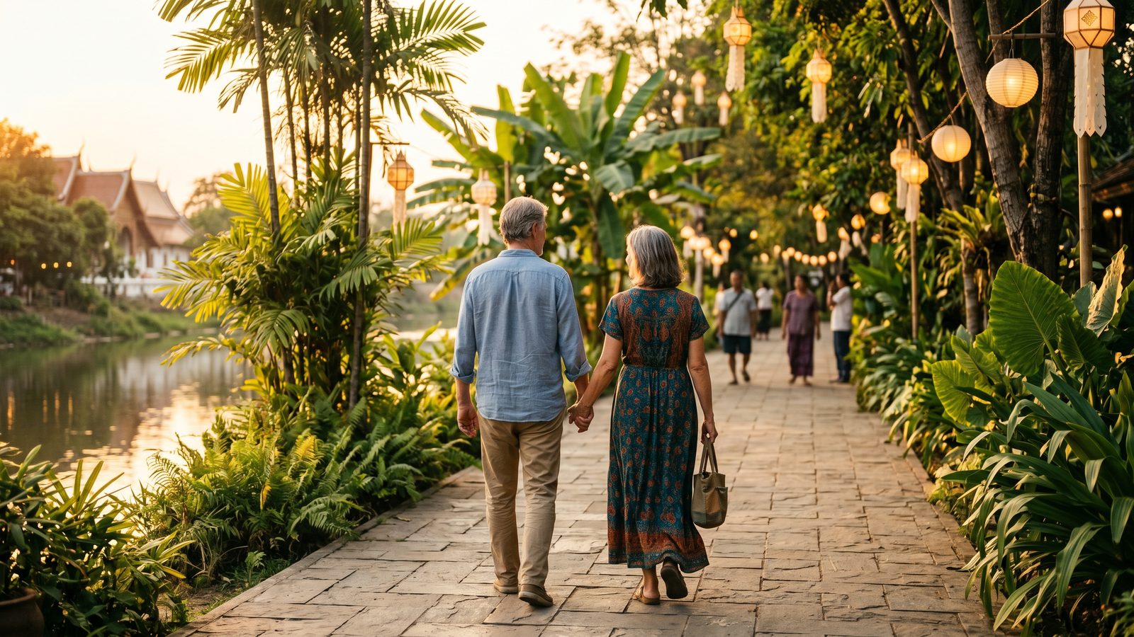 Retired couple walking in a peaceful Thai retirement setting